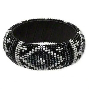 Handcrafted India Beaded Bangle Bracelet Black Gunmetal White Tribal Fair Trade